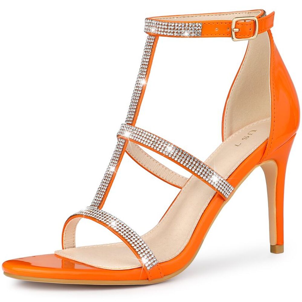 Rhinestone Ankle Strap Stiletto High Heel Sandals Orange